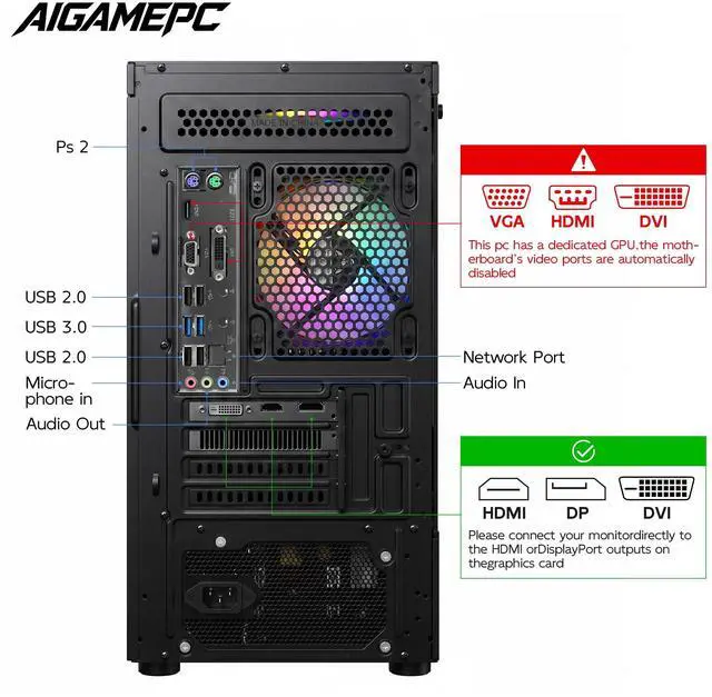 Alt view image 4 of 7 - AIGAMEPC Gaming Desktop Computer, AMD R5 1600,RX 6500XT 4G D6 1024SP,16GB DDR4,512GB M.2 SSD, BX3 550W 80PLUS Bronze PSU, RGB Fan x5, WiFi Ready & Windows 11 Home, Black