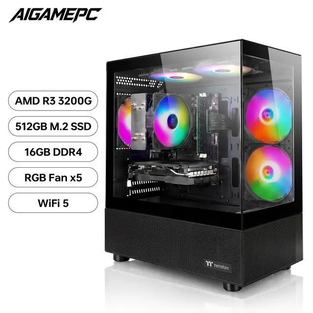 Alt view image 2 of 7 - AIGAMEPC Gaming PC Desktop Computer,AMD R3 3200G, 16GB DDR4,512GB M.2 SSD, BX3 550W 80PLUS Bronze PSU, WiFi 5, RGB Fan x5, Windows 11 Home, Black