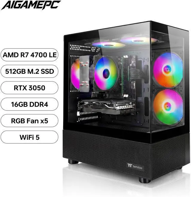 Alt view image 2 of 7 - AIGAMEPC Gaming PC Desktop Computer, AMD R7 4700 LE,RTX 3050 6G,16GB DDR4,512GB M.2 SSD, BX3 550W 80PLUS Bronze PSU, RGB Fan x5, WiFi Ready & Windows 11 Home, Black