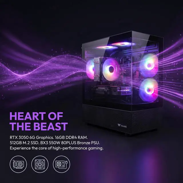 Alt view image 3 of 7 - AIGAMEPC Gaming Desktop Computer, AMD R7 4700 LE,RTX 3050 6G,16GB DDR4,512GB M.2 SSD, BX3 550W 80PLUS Bronze PSU, RGB Fan x5, WiFi Ready & Windows 11 Home, Black