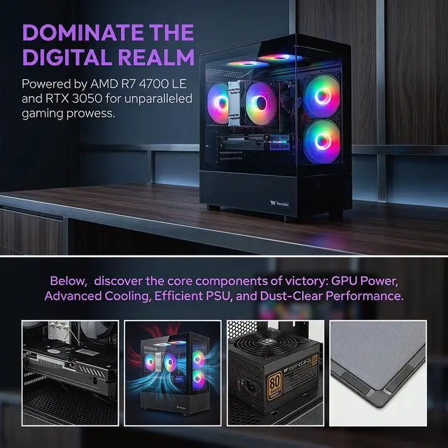 Alt view image 4 of 7 - AIGAMEPC Gaming Desktop Computer, AMD R7 4700 LE,RTX 3050 6G,16GB DDR4,512GB M.2 SSD, BX3 550W 80PLUS Bronze PSU, RGB Fan x5, WiFi Ready & Windows 11 Home, Black