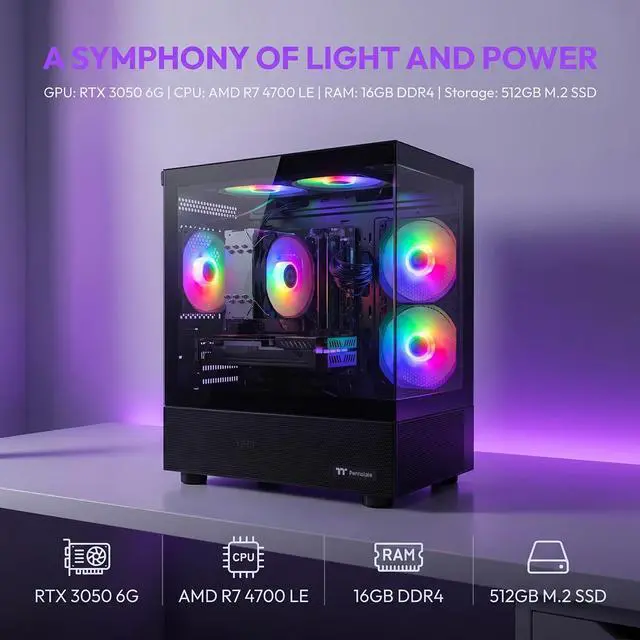 Alt view image 2 of 7 - AIGAMEPC Gaming Desktop Computer, AMD R7 4700 LE,RTX 3050 6G,16GB DDR4,512GB M.2 SSD, BX3 550W 80PLUS Bronze PSU, RGB Fan x5, WiFi Ready & Windows 11 Home, Black
