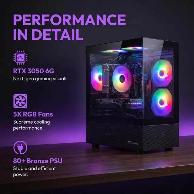 Alt view image 5 of 7 - AIGAMEPC Gaming Desktop Computer, AMD R7 4700 LE,RTX 3050 6G,16GB DDR4,512GB M.2 SSD, BX3 550W 80PLUS Bronze PSU, RGB Fan x5, WiFi Ready & Windows 11 Home, Black