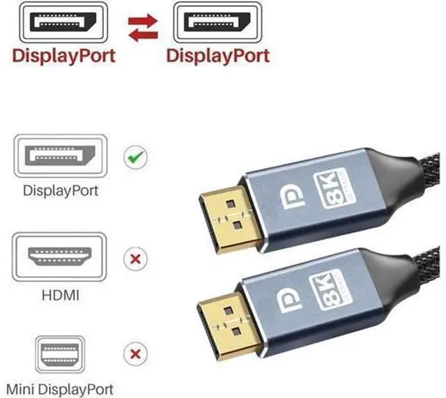Alt view image 5 of 7 - DisplayPort Cable 1.4 8K DP Cable (8K@60Hz, 4K@120Hz/144Hz,2K @144Hz/165Hz) HBR3 Support 32.4Gbps DCP 3D Slim and Flexible DP to DP Cable for Laptop PC TV Gaming Monitor (6.6ft/2m) 6.6 ft.