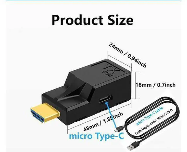 Alt view image 7 of 7 - HDMI Extender to RJ45 Over CAT6 Network LAN Ethernet Cable Adapter Signal Repeater 1080P 60M/196ft with Micro Type-C Power Cable Sender+Receiver 2Ports for PC Projector Monitor