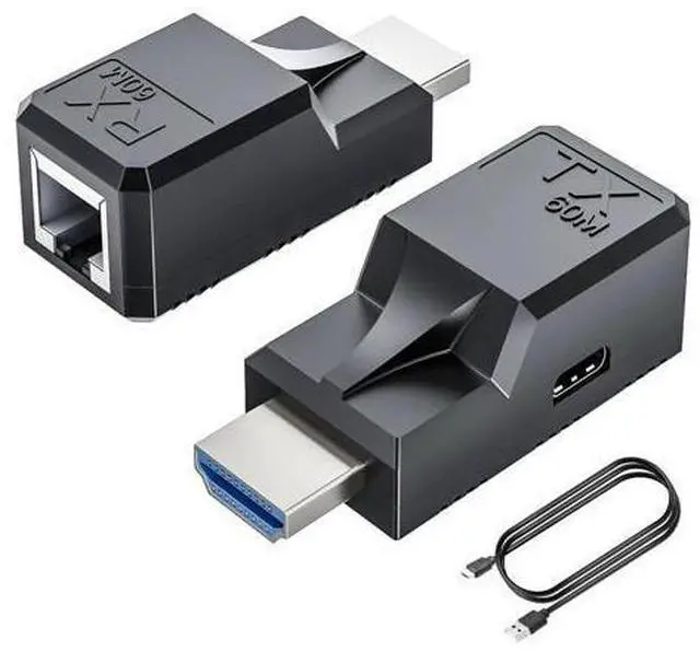 Main image of HDMI Extender to RJ45 Over CAT6 Network LAN Ethernet Cable Adapter Signal Repeater 1080P 60M/196ft with Micro Type-C Power Cable Sender+Receiver 2Ports for PC Projector Monitor