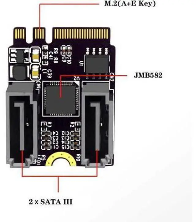 Alt view image 3 of 6 - Key A+E PCI Express to SATA 3.0 6Gbps Dual Ports Adapter Converter Hard Drive Extension Card JMB582 2230