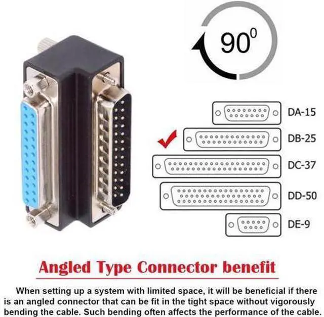 Alt view image 6 of 7 - DSUB Parallel LPT AES/EBU DB25pin Male Nut to Female Screw Extension Adapter DB Connector Down 90 Degree Angled