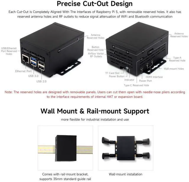 Alt view image 5 of 7 - Industrial Grade Metal Case (D), Compatible with 5 Larger Internal Space, Supports Installing Official Cooling Fan and Various Hats, Wall-Mount and Rail-Mount Support