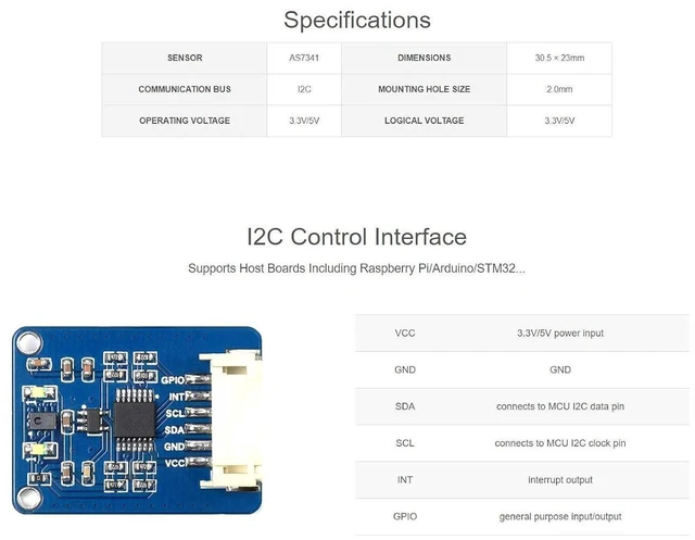 Alt view image 5 of 6 - AS7341 Spectral Color Sensor Visible Spectrum Sensor High Precision I2C Bus Compatible with 5/4B/3B/Zero/Zero W/Zero 2W/Pico/Pico W/Pico WH