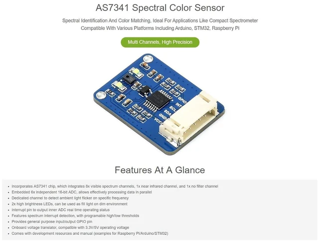 Alt view image 4 of 6 - AS7341 Spectral Color Sensor Visible Spectrum Sensor High Precision I2C Bus Compatible with 5/4B/3B/Zero/Zero W/Zero 2W/Pico/Pico W/Pico WH