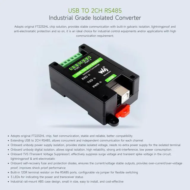 Alt view image 3 of 7 - USB to 2CH RS485 Industrial Grade Isolated Converter, Onboard Original FT2232HL Chip, USB to RS485 Adapter Multiple Protection Circuits, Wall-Mount and Rail-Mount Support