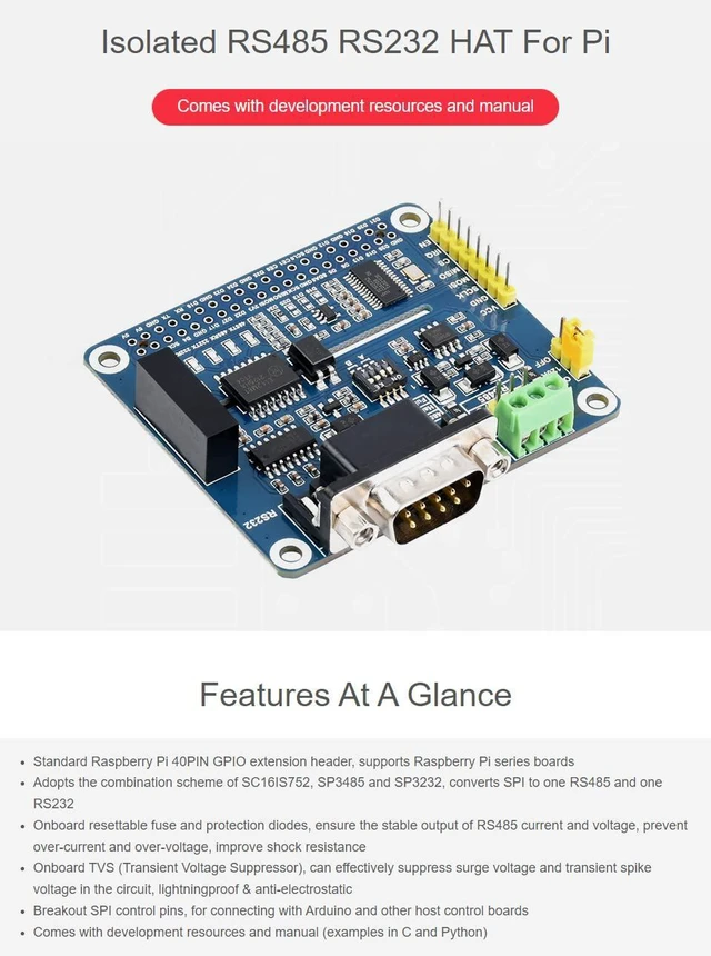 Alt view image 3 of 7 - Isolated RS485 RS232 Expansion HAT, Compatible with 5/4B/3B/Zero/Zero W/Zero 2W/Pico/Pico W/Pico WH, SPI Control, Onboard Protection Circuits
