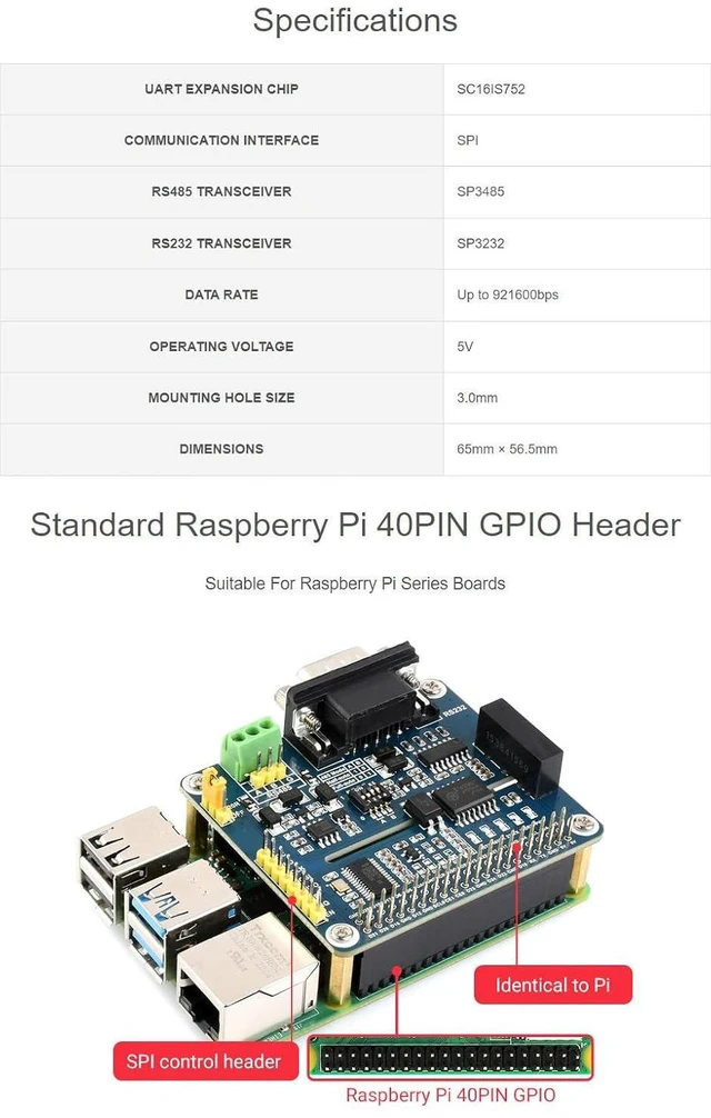 Alt view image 4 of 7 - Isolated RS485 RS232 Expansion HAT, Compatible with 5/4B/3B/Zero/Zero W/Zero 2W/Pico/Pico W/Pico WH, SPI Control, Onboard Protection Circuits