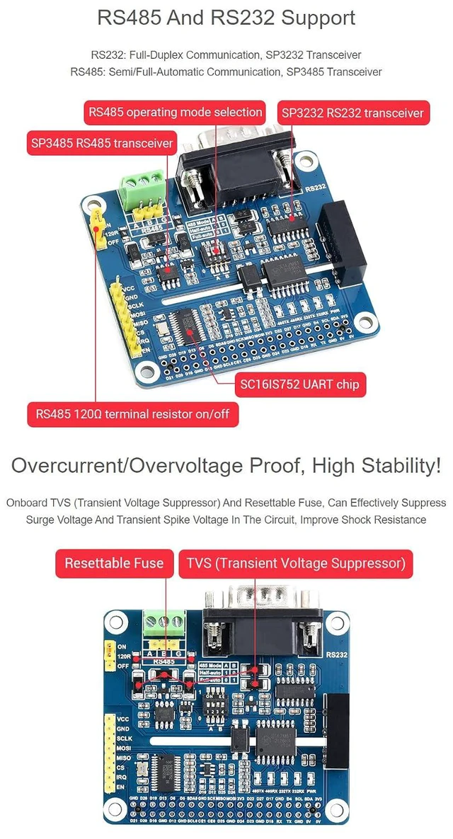 Alt view image 5 of 7 - Isolated RS485 RS232 Expansion HAT, Compatible with 5/4B/3B/Zero/Zero W/Zero 2W/Pico/Pico W/Pico WH, SPI Control, Onboard Protection Circuits