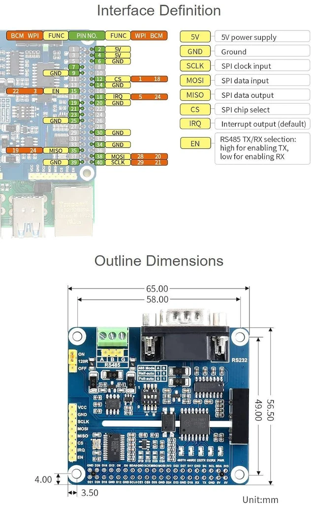 Alt view image 6 of 7 - Isolated RS485 RS232 Expansion HAT, Compatible with 5/4B/3B/Zero/Zero W/Zero 2W/Pico/Pico W/Pico WH, SPI Control, Onboard Protection Circuits