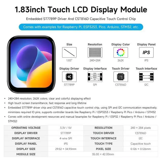Alt view image 3 of 5 - 1.83inch Touch LCD Display Module, Micro LCD Display, 240×284 Resolution, IPS, SPI and I2C Communication, 262K Display Color