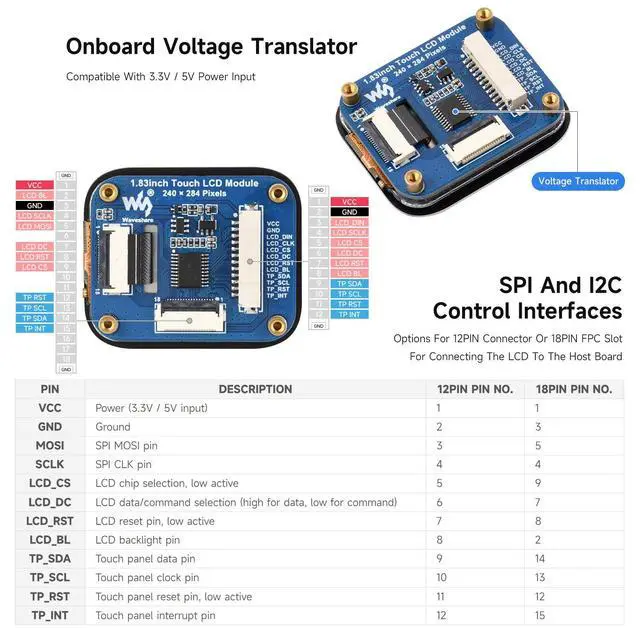 Alt view image 4 of 5 - 1.83inch Touch LCD Display Module, Micro LCD Display, 240×284 Resolution, IPS, SPI and I2C Communication, 262K Display Color