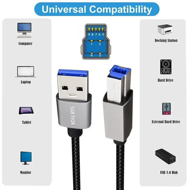 Alt view image 5 of 7 - USB 3.0 Type-A Male to Standard 3.0 B Male Cable Silver 5Gbps for Disk SSD Camera Data 30cm