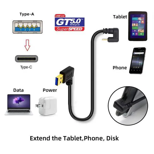 Alt view image 7 of 7 - Left Angled USB3.0 Type-A to Type C USB-C Male to Male Power Data Cable 5Gbps USB-C Opposite U Shape Back Angled