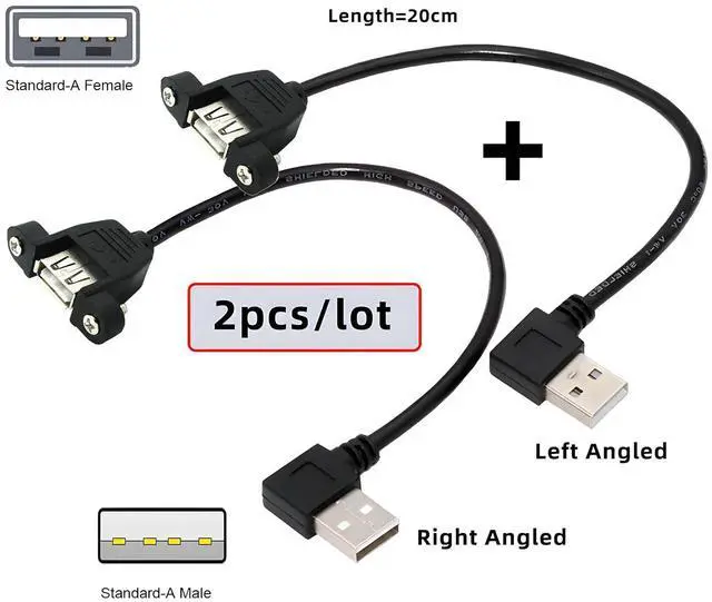 Alt view image 2 of 7 - Cable 2pcs/lot Left & Right Angled Type USB 2.0 Type-A Male to USB Female Extension Cable Panel Type 90 Degree Type 20cm