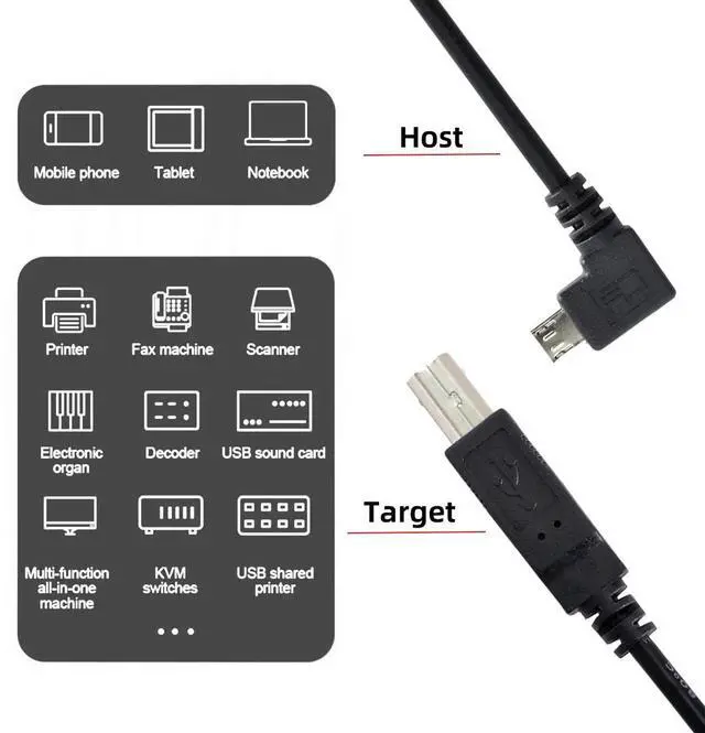 Alt view image 4 of 7 - Cable OTG Micro USB Male to Standard B Male Micro OTG 90 Degree Right Angled to USB Type B Printer Scanner SSD Disk Lectronic Musical Instrument Midi Keyboard Cable 30cm