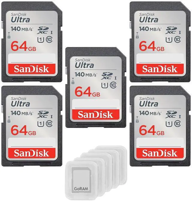 Main image of 64GB Ultra SDXC UHS-I Class 10 Memory Card 140MB/s U1, Full HD, SD Camera Card SDSDUNB-064G (5 Pack) Bundle with (5) GoRAM Plastic Cases