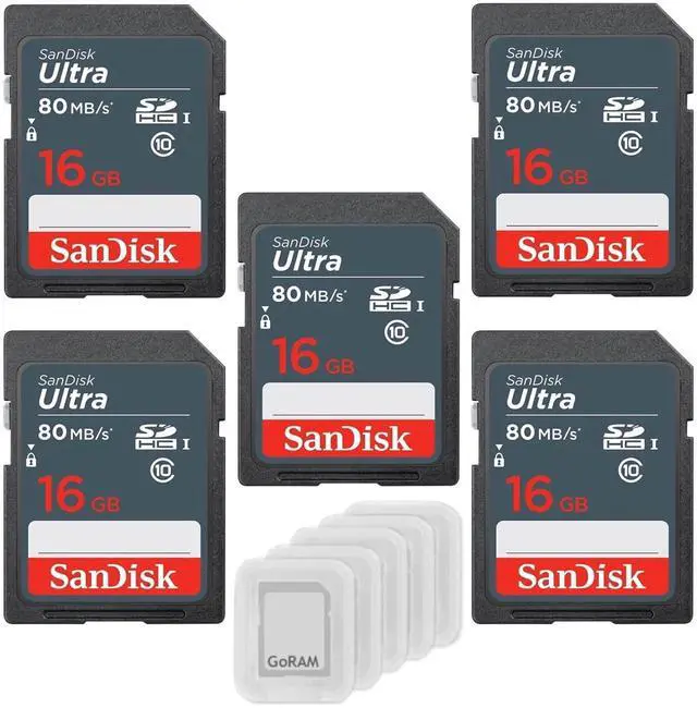 Main image of 16GB Ultra SDHC UHS-I Class 10 Memory Card 80MB/s U1, Full HD, SD Camera Card SDSDUNS-016G-GN3IN (5 Pack) Bundle with (5) GoRAM Plastic Cases