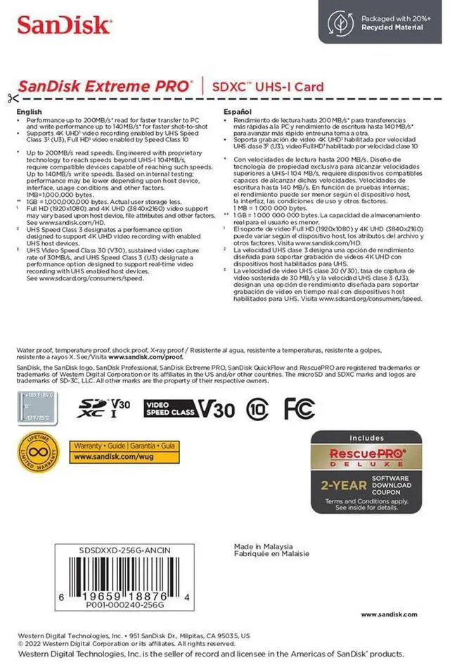 Alt view image 5 of 6 - Extreme PRO 256 GB Class 3/UHS-I (U3) V30 SDXC