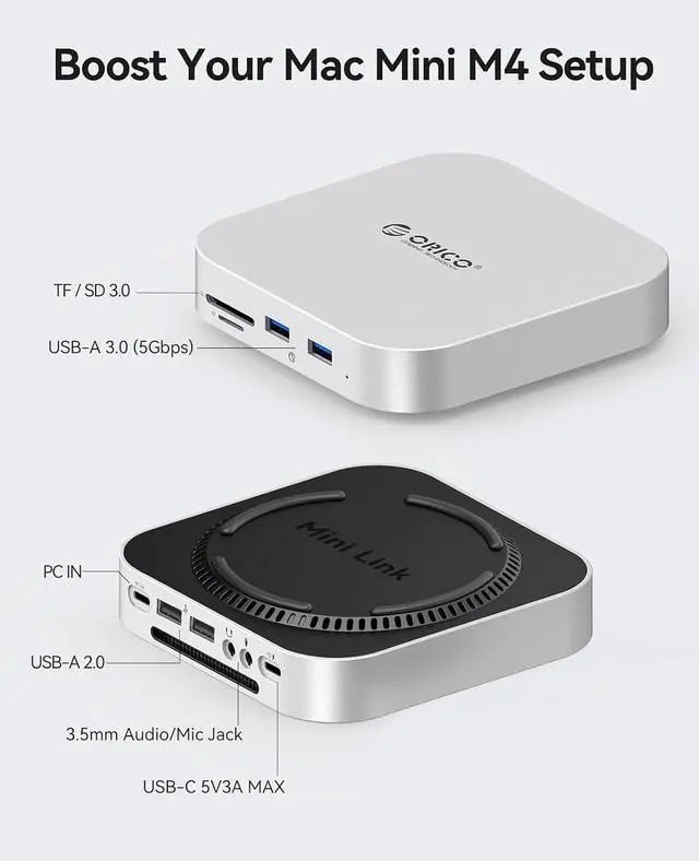 Alt view image 6 of 7 - MiniLink Mac mini M4 Dock & Stand, Hub with 2 × USB 3.0 Ports (5Gbps), 2 × USB 2.0 Ports, SD/TF Card Readers (3.0), 3.5mm Headphone & Microphone Jacks, Compatible with Mac mini M4/M4 Pro (M48P)