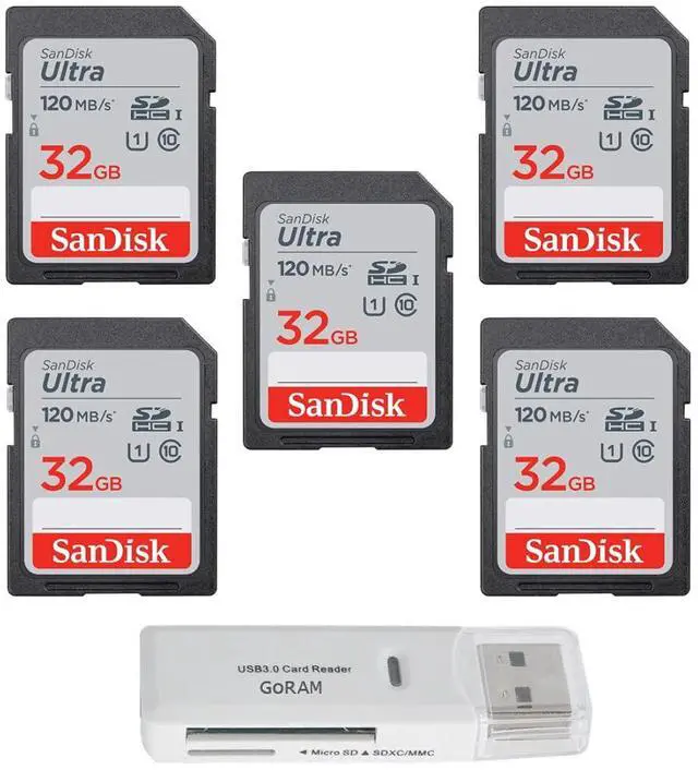 Main image of 32GB Ultra SDHC UHS-I Class 10 Memory Card 120MB/s U1, Full HD, SD Camera Card SDSDUN4-032G (5 Pack) Bundle with (1) GoRAM USB 3.0 Card Reader