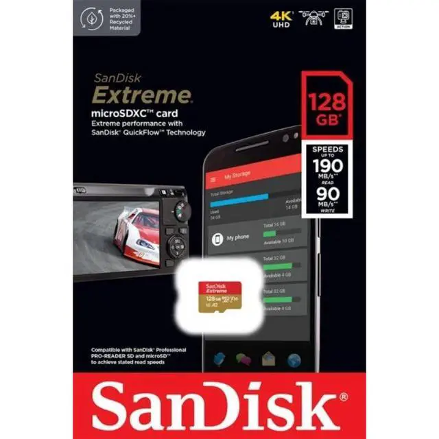 Alt view image 3 of 3 - 128GB Extreme microSD UHS I Card for 4K Video on Smartphones, Action Cams & Drones 190MB/s Read, 90MB/s Write SDSQXAA 128G GN6MN, Red/Gold