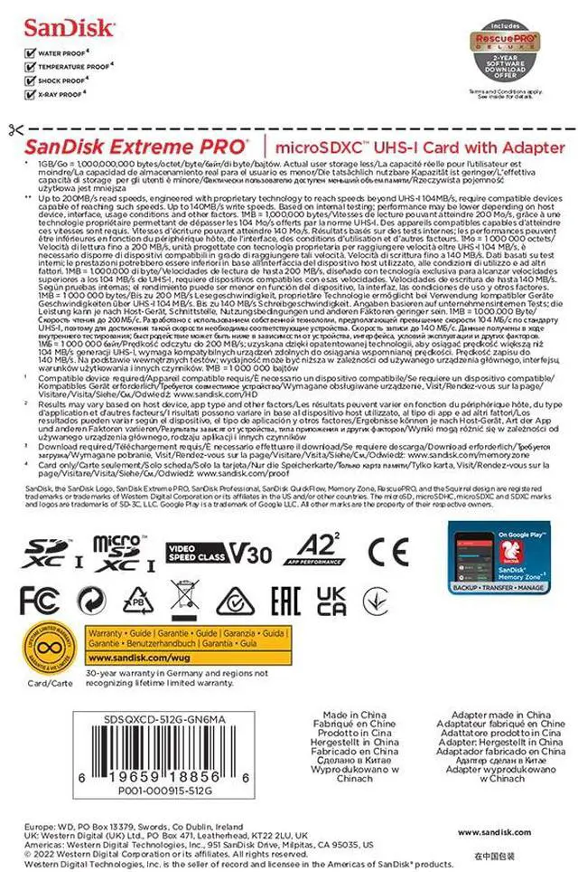 Alt view image 5 of 5 - Extreme PRO microSDXC UHS-I Memory Card 512 GB + Adapter & RescuePRO Deluxe (for Smartphones, Action Cameras or Drones, A2, Class 10, V30, U3, 200 MB/s Transfer)