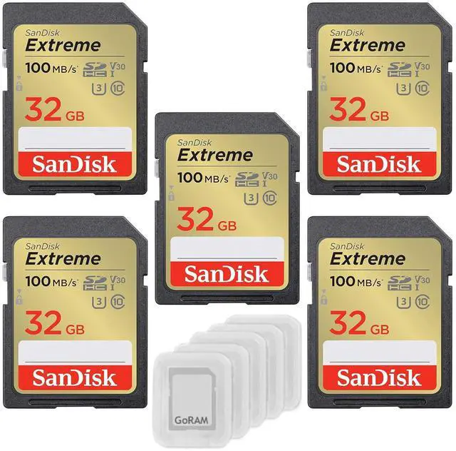 Main image of 32GB (5 Pack) Extreme SDHC UHS-I Class 10 Memory Card 100MB/s U3, V30, 4K, SD Camera Card SDSDXVT-032G Bundle with (5) GoRAM Plastic Cases