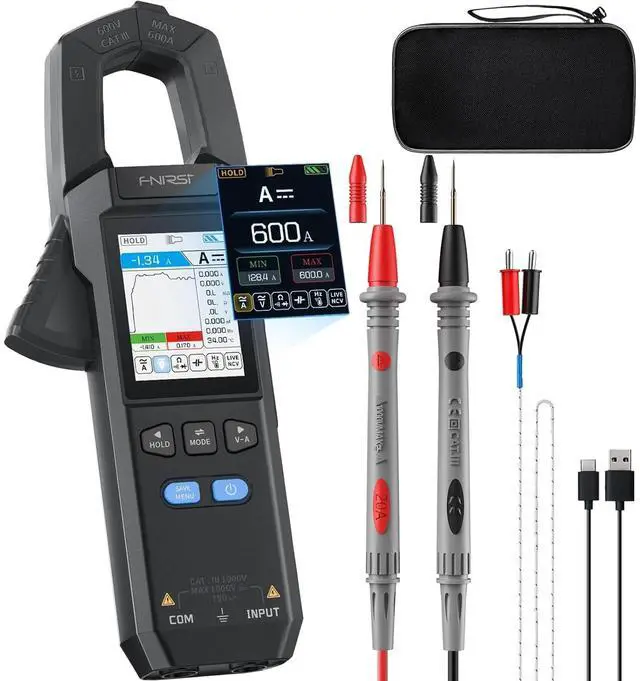 Main image of FNIRSI DMC-100 Clamp Meter 9999 Counts TRMS, 600A AC/DC Amp Meter | Graph Recording, 2" TFT, Rechargeable Multimeter, AC/DC Current Clamp, Voltage, Resistance, Capacitance & NCV for HVAC & Auto