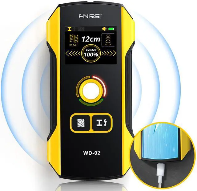 Main image of WD-02 6 in 1 Rechargeable Stud Finder Wall Scanner, TFT Display | Positioning Hole, for Wood Drywall Metal AC Wires Joist Pipe Center Detecting, HPC Chip Deep Scan Detector Inside the wall