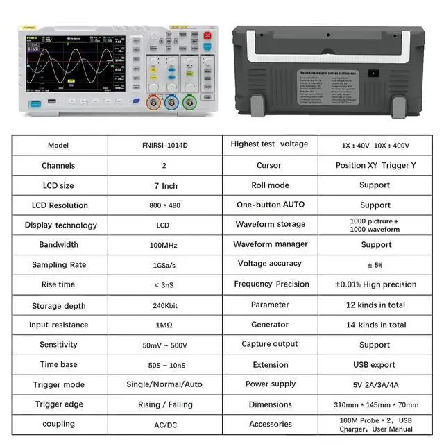 Alt view image 2 of 6 - FNIRSI 1014D 100MHz Digital Oscilloscope, 2 Channel Oscilloscope 2-in-1 | 1GSa/s Oscope DDS Signal Generator, 100X Probe, X-Y Mode, 240Kpts Memory, Auto Measurement, USB Powered for Students & DIY