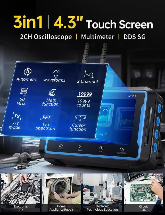 Alt view image 2 of 6 - FNIRSI 2C53P 3-in-1 50MHz Oscilloscope Multimeter DDS Signal Generator | 2 Channel Oscilloscope, 250MS/s Sampling, 19999 Counts Automotive Multimeter with 4.3'' Touchscreen, X-Y Mode, FFT Analysis