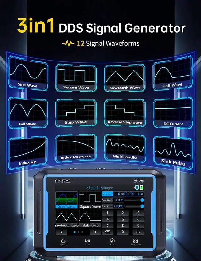 Alt view image 3 of 6 - FNIRSI 2C53P 3-in-1 50MHz Oscilloscope Multimeter DDS Signal Generator | 2 Channel Oscilloscope, 250MS/s Sampling, 19999 Counts Automotive Multimeter with 4.3'' Touchscreen, X-Y Mode, FFT Analysis
