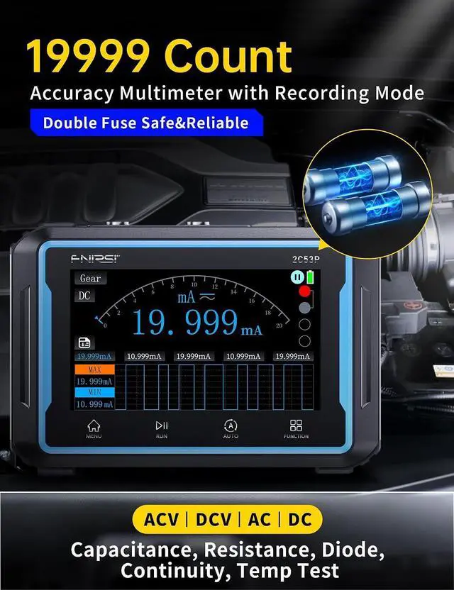 Alt view image 4 of 6 - FNIRSI 2C53P 3-in-1 50MHz Oscilloscope Multimeter DDS Signal Generator | 2 Channel Oscilloscope, 250MS/s Sampling, 19999 Counts Automotive Multimeter with 4.3'' Touchscreen, X-Y Mode, FFT Analysis