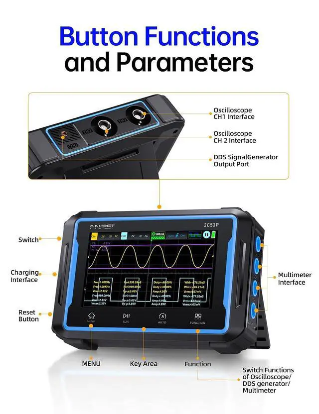 Alt view image 6 of 6 - FNIRSI 2C53P 3-in-1 50MHz Oscilloscope Multimeter DDS Signal Generator | 2 Channel Oscilloscope, 250MS/s Sampling, 19999 Counts Automotive Multimeter with 4.3'' Touchscreen, X-Y Mode, FFT Analysis