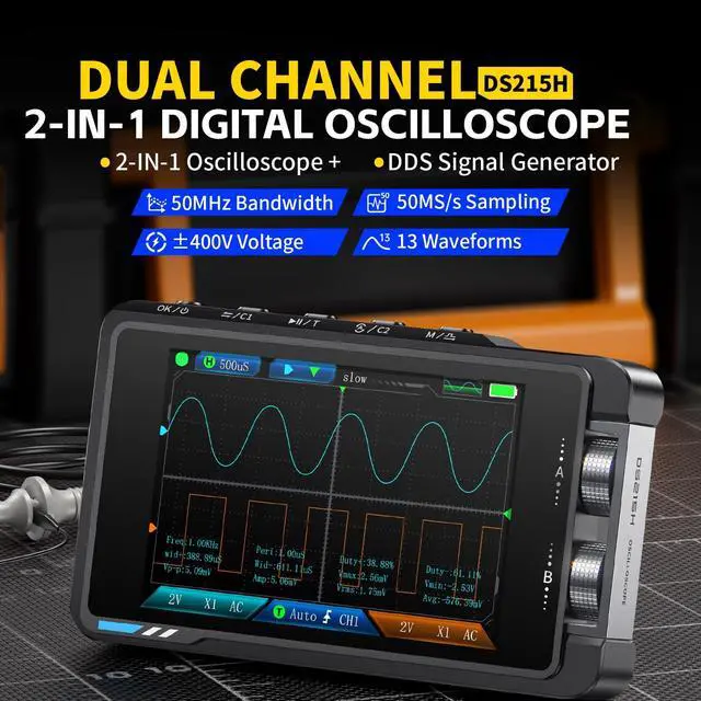 Alt view image 3 of 6 - FNIRSI DS215H 2-in-1 Handheld Oscilloscope 50MHz, 2 Channel Digital Portable Oscilloscope DDS Signal Generator, 250MS/s Sampling, 1Kpts Record Length, 3.5-inch IPS Screen, Waveform Storage and Export