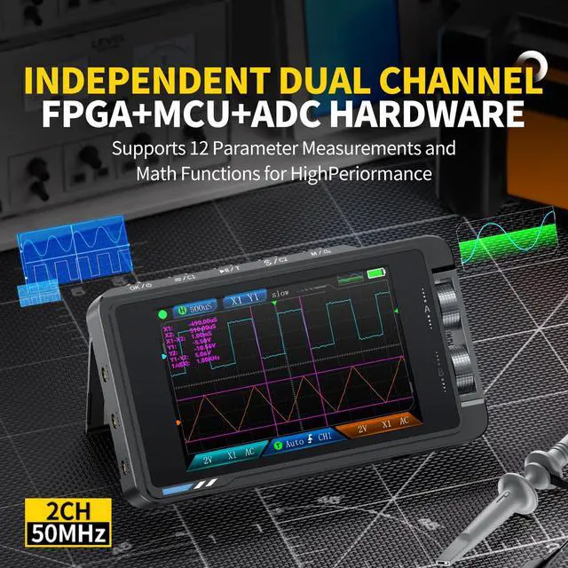 Alt view image 4 of 6 - FNIRSI DS215H 2-in-1 Handheld Oscilloscope 50MHz, 2 Channel Digital Portable Oscilloscope DDS Signal Generator, 250MS/s Sampling, 1Kpts Record Length, 3.5-inch IPS Screen, Waveform Storage and Export