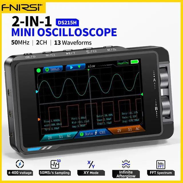 Alt view image 2 of 6 - FNIRSI DS215H 2-in-1 Handheld Oscilloscope 50MHz, 2 Channel Digital Portable Oscilloscope DDS Signal Generator, 250MS/s Sampling, 1Kpts Record Length, 3.5-inch IPS Screen, Waveform Storage and Export