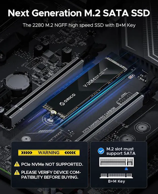 Alt view image 2 of 7 - 1TB M.2 2280 SATA SSD(Not PCIe NVMe), Internal M.2 SSD with B+M Key for Desktop/Laptop, SATA III 6Gbps NGFF Solid State Drive Low Power Consumption - Y20M