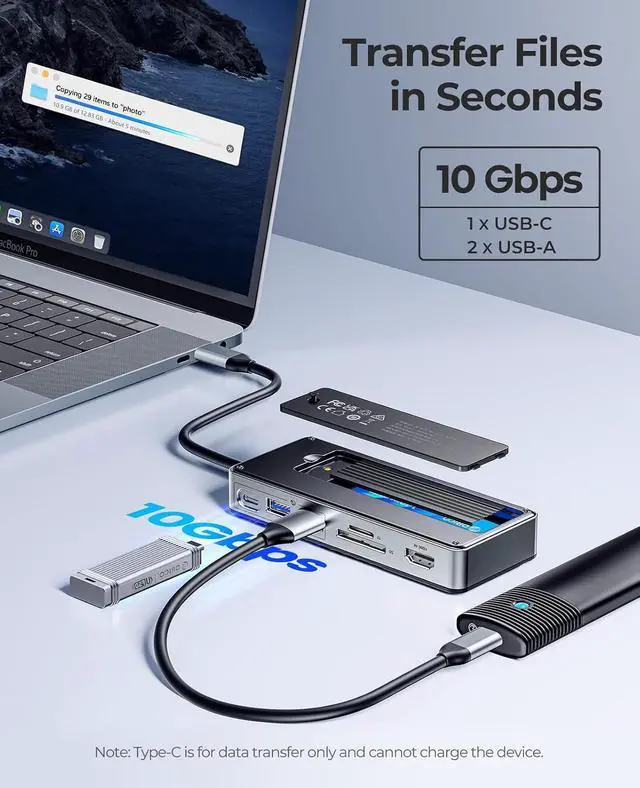 Alt view image 5 of 7 - USB-C Hub with M.2 SSD Enclosure, 8-in-1 USB C Docking Station Fits M.2 NVMe/SATA SSD, 10Gbps, 4K@60Hz HDMI, 100W PD, SD/TF Card Reader