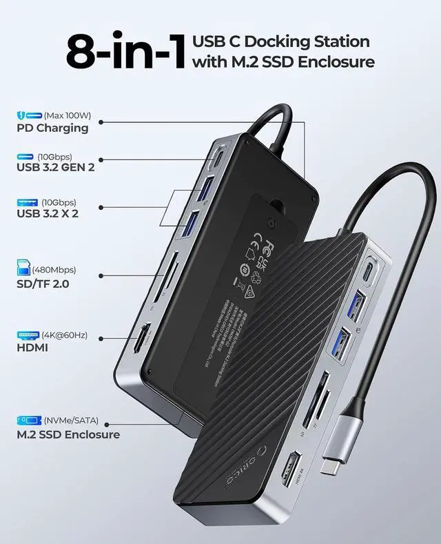 Alt view image 2 of 7 - USB-C Hub with M.2 SSD Enclosure, 8-in-1 USB C Docking Station Fits M.2 NVMe/SATA SSD, 10Gbps, 4K@60Hz HDMI, 100W PD, SD/TF Card Reader