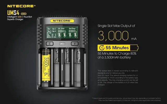 Alt view image 3 of 7 - UMS4 Intelligent USB-C Four Slot Quick Battery Charger for Li-Ion/Ni-MH/Ni-Cd/IMR 16340 14500 18650 21700 20700 AA AAA and More Batteries, with Organizer