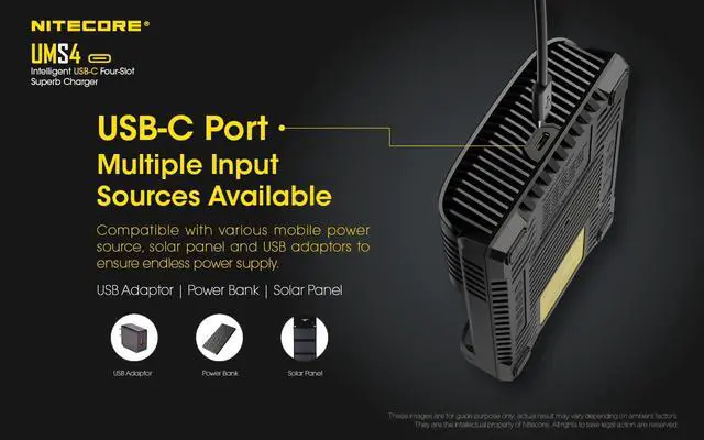 Alt view image 7 of 7 - UMS4 Intelligent USB-C Four Slot Quick Battery Charger for Li-Ion/Ni-MH/Ni-Cd/IMR 16340 14500 18650 21700 20700 AA AAA and More Batteries, with Organizer