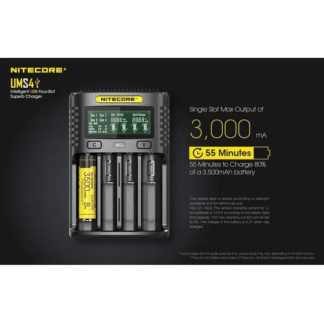 Alt view image 3 of 7 - UMS4 Intelligent USB Four Slot Quick Battery Charger for Li-Ion/Ni-MH/Ni-Cd/IMR 16340 14500 18650 21700 20700 AA AAA and More Batteries, with LumenTac QC3.0 Charging Adapter